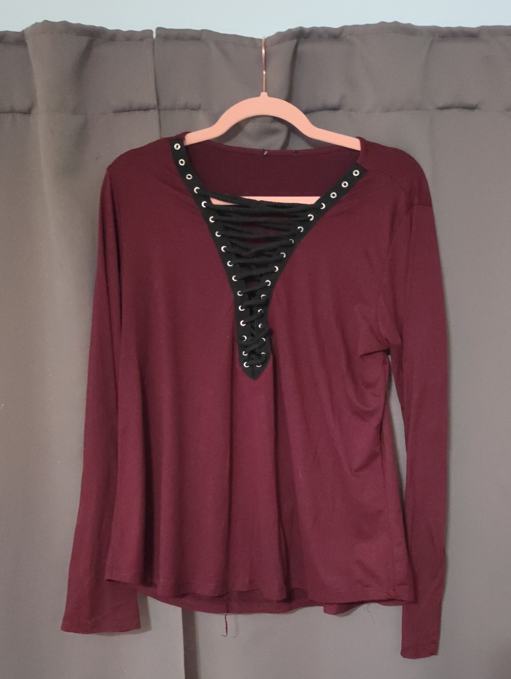 Rue21 Burgundy Long Sleeve Lace-Up V-Neck Top